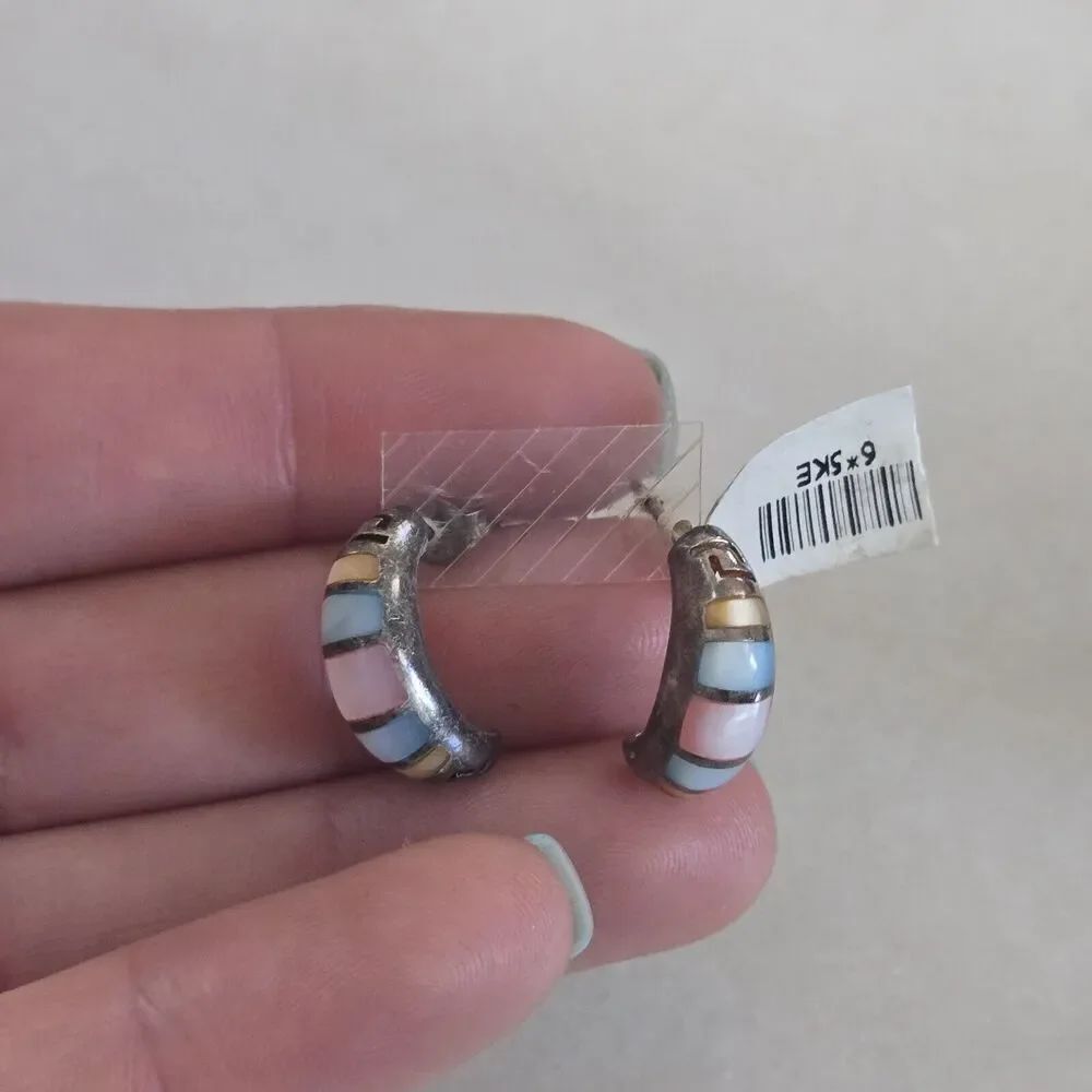 Vintage Sterling 925 Inlay Pastel Blue Pink Yellow Mother Of Pearl Earrings